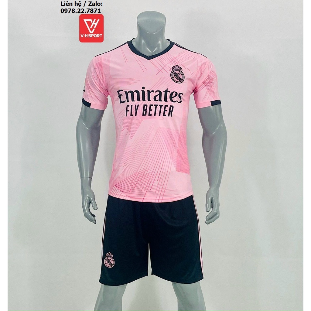 Bộ quần áo bóng đá, đồ đá banh Real Madrid Sân Khách Màu Hồng 2022-2023 Vải Thun Lạnh Cao Cấp