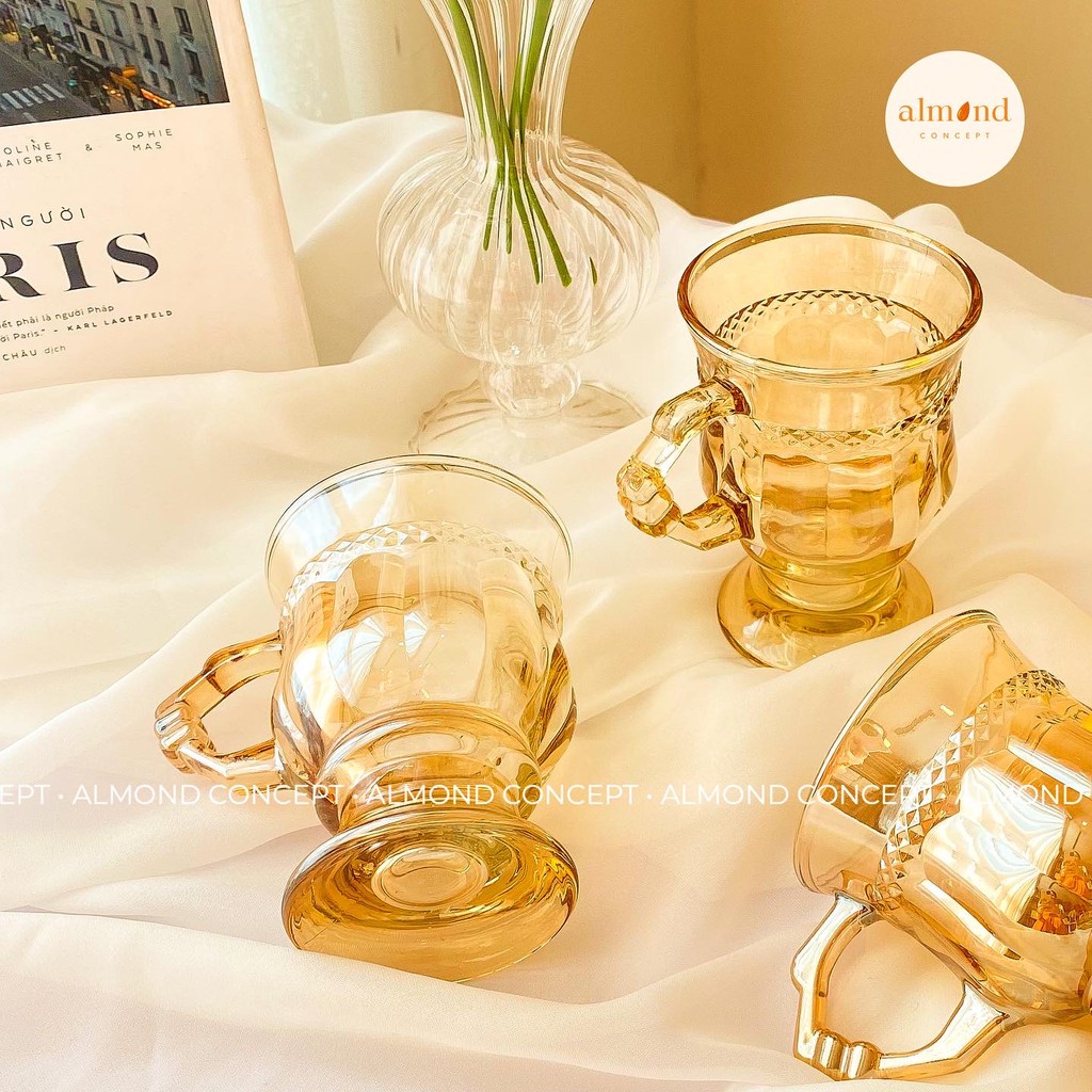 Ly Thuỷ Tinh Màu Hổ Phách Chịu Nhiệt Có Quai 130ml, Cốc Thuỷ Tinh - phong cách Retro Hàn Quốc - AMBER RETRO MUG