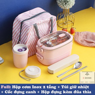 [FULL COMBO] Hộp Cơm Giữ Nhiệt Lúa Mạch 2 Tầng Ruột Inox 304 - Hộp Cơm Văn Phòng