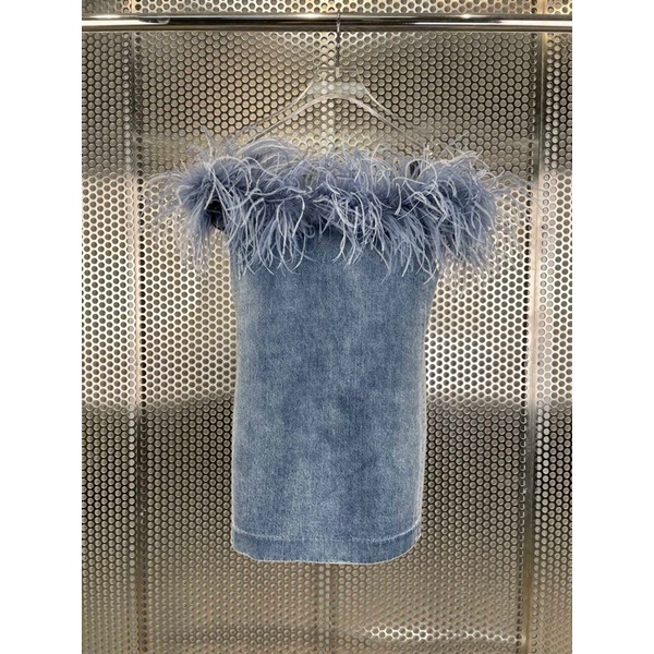 Đầm jeans ôm chễ vai tua rua sexy thương hiệu YSL cao cấp