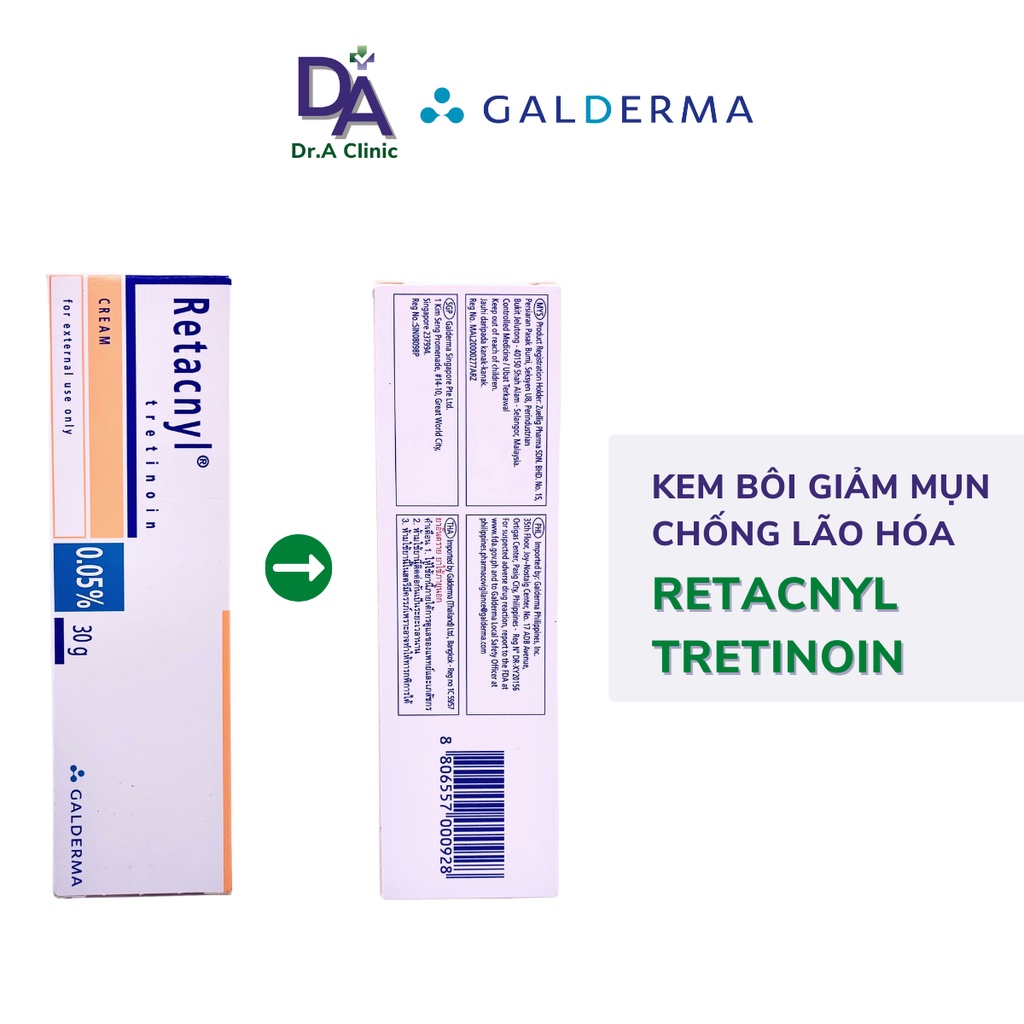 Retacnyl Tretinoin 0.05 Cream Galderma dạng kem cho da mụn ẩn mụn đầu đen và chống lão hóa - Dr.A Clinic