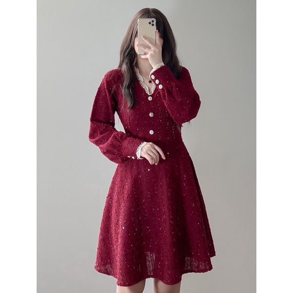 [Ảnh thật/Video] Đầm Dệt Kim Tay Phồng Cổ Chữ V Xinh Xắn Thanh Lịch Đầm Dài Dáng Chữ A Màu Đỏ Phong Cách Hàn Quốc Cho Nữ | BigBuy360 - bigbuy360.vn