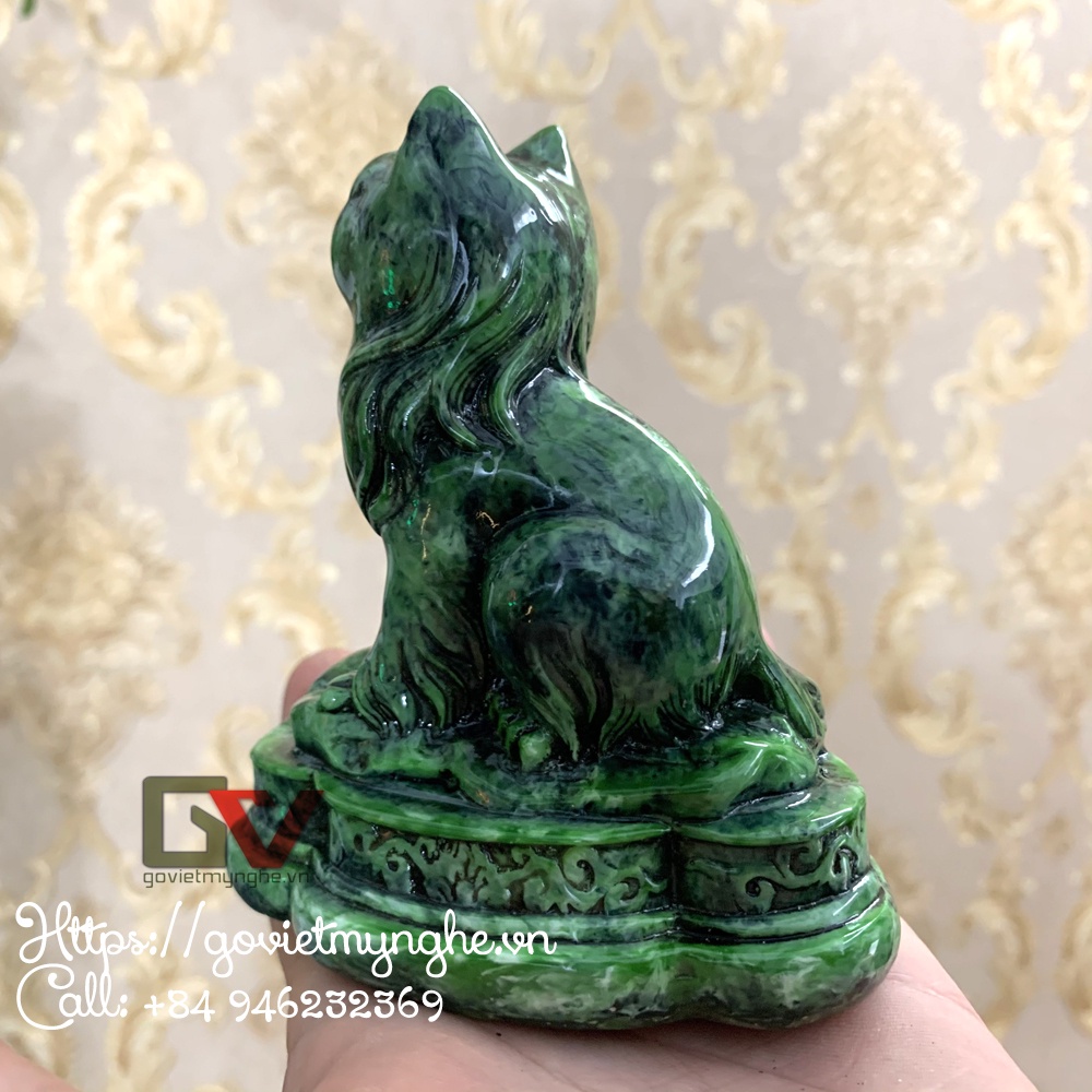 Tượng đá con mèo phong thủy trang trí ôm tài lộc phát tài phát lộc trang trí để bàn - Cao 10cm - Màu xanh lục bích