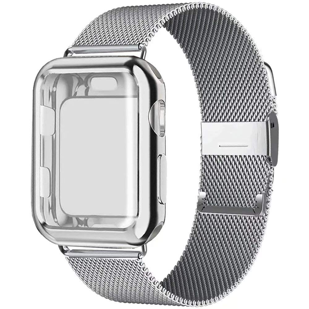 Dây đeo đồng hồ bằng kim loại Milanese Loop 44mm 40mm 38mm 42mm kèm ốp mặt cho Apple watch 6 5 4 3 SE