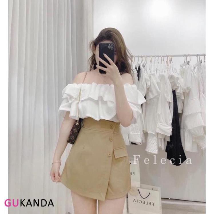 SÉT ÁO TRỄ VAI QUẦN GIẢ VÁY KAKI CẠP CAO HÀN QUỐC - HÀNG CAO CẤP QC