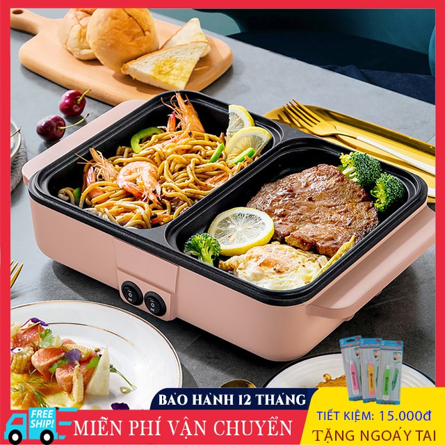 Nồi lẩu điện mini 2 ngăn đa năng lẩu, nướng riêng biệt, nồi nướng điện siêu tốc chống dính thế hệ mới, tiện dụng