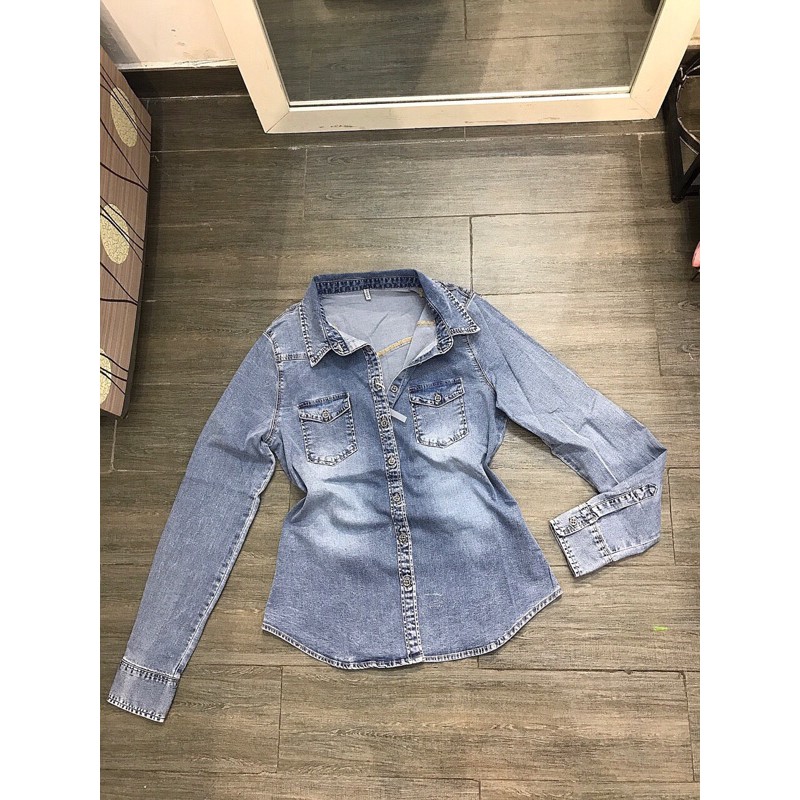 Áo sơ mi jean nữ dài tay màu xám - màu lính - màu đen hàng nhập QC