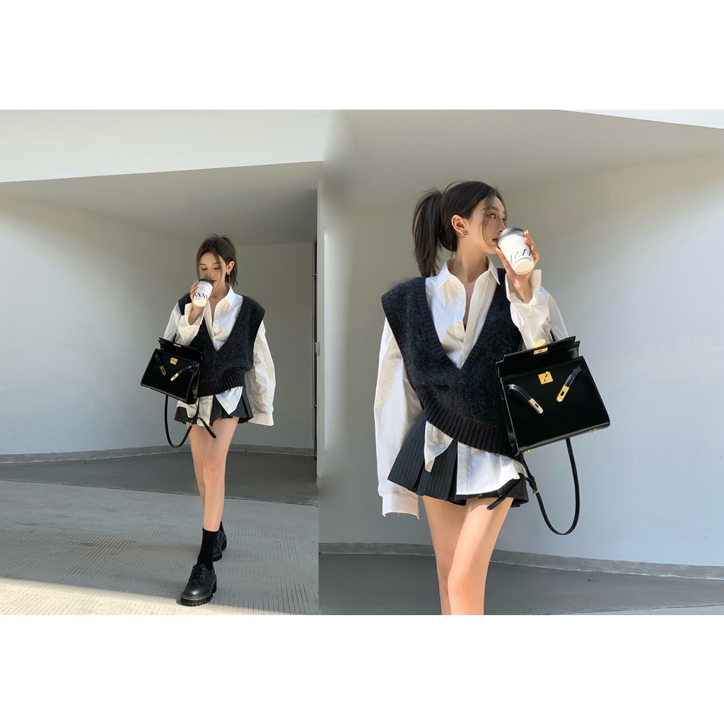 Set Áo Sơ Mi Dài Tay Form Rộng + Áo Len Ghi Lê Cổ Chữ V Thời Trang Dành Cho Nữ