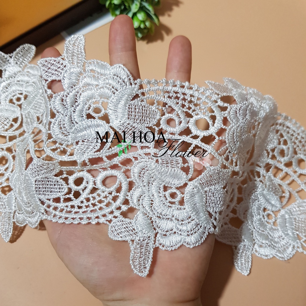 RC10 Cuộn 1 mét ren viền dùng may đồ ren chỉ trắng hoa hồng rộng 10cm Maihoaflower