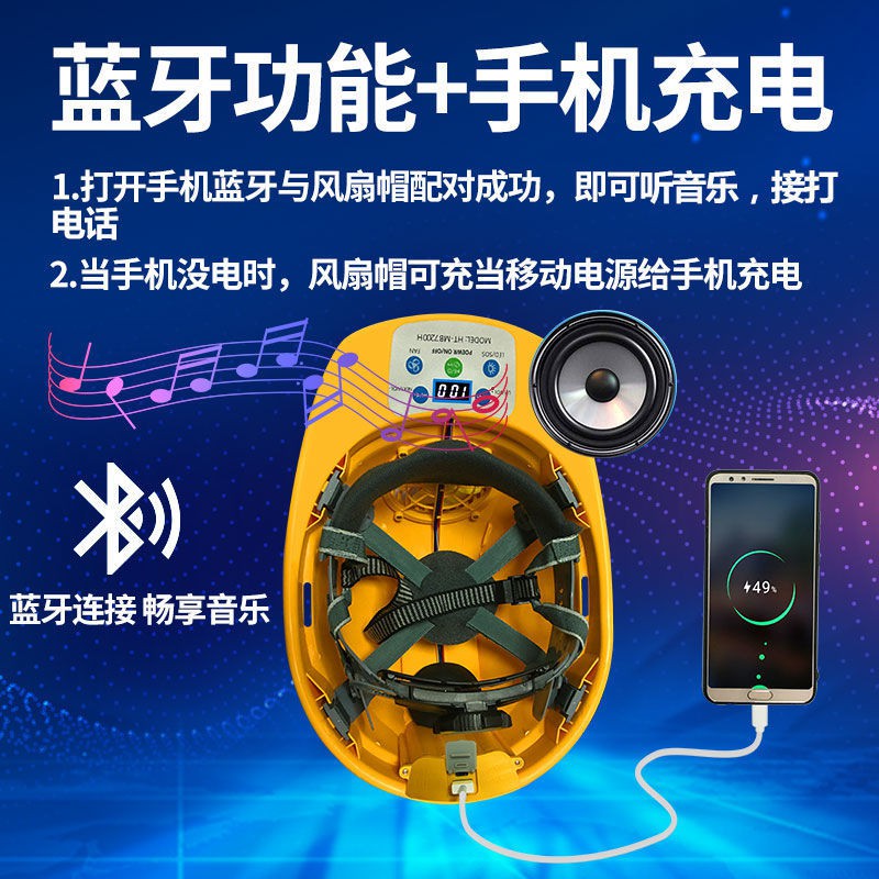 An toàn công trường xây dựng bằng năng lượng mặt trời Mũ quạt sạc có đèn pha bluetooth che nắng làm mát chiếu sáng bảo h