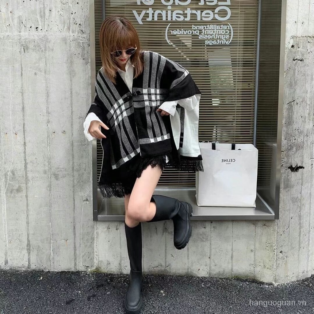 Áo choàng len hai mặt họa tiết kẻ sọc L5Fg cho nữ | BigBuy360 - bigbuy360.vn