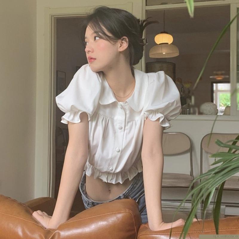Áo croptop tay phồng ngắn màu trơn phối nút thời trang cho nữ