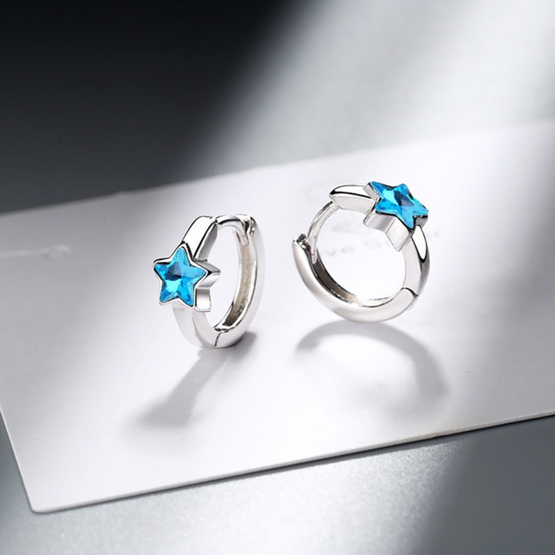 Khuyên tai tròn đính đá zircon hình ngôi sao nhỏ màu xanh dương bằng bạc sterling cho bé gái trẻ em gái