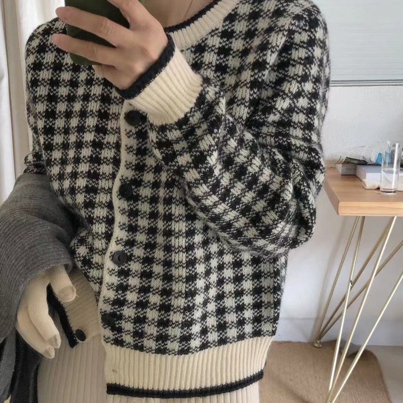 Áo khoác cardigan PURE CUBE cổ tròn họa tiết kẻ sọc ca rô nhiều màu sắc tùy chọn thời trang thu đông cho nữ