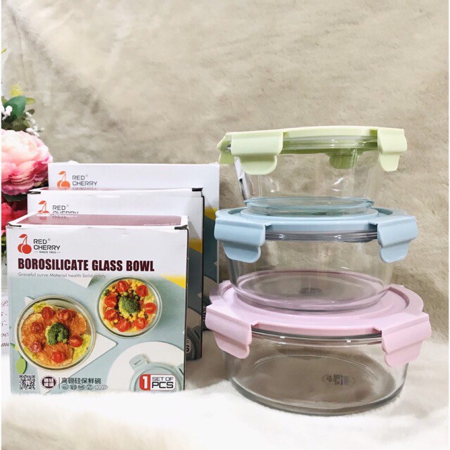 Hộp cơm thủy tinh chịu nhiệt cao đựng thức ăn, thực phẩm để lò vi sóng vuông tròn các loại Red cherry | BigBuy360 - bigbuy360.vn