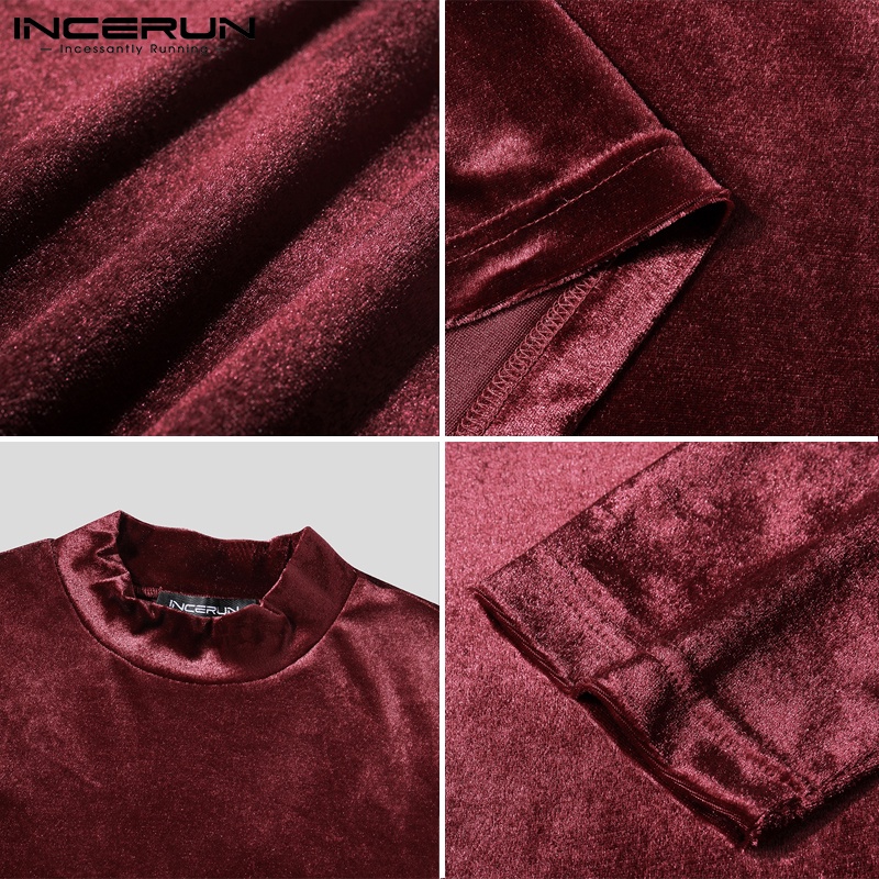 Áo thun INCERUN tay dài cổ cao chất liệu vải nhung kiểu dáng đơn giản thời trang cho nam
