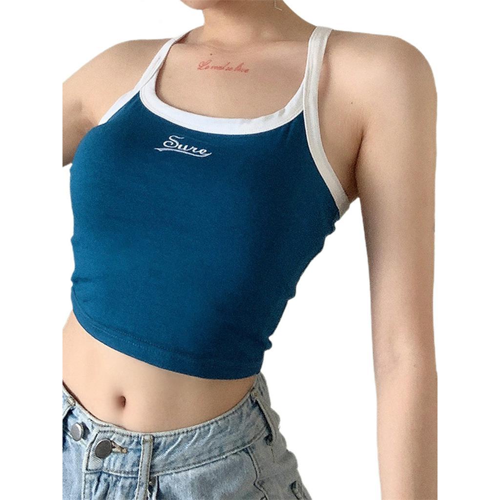 Áo hai dây mềm thêu chữ thiết kế dây chéo sau lưng thoáng khí năng động cho nữ