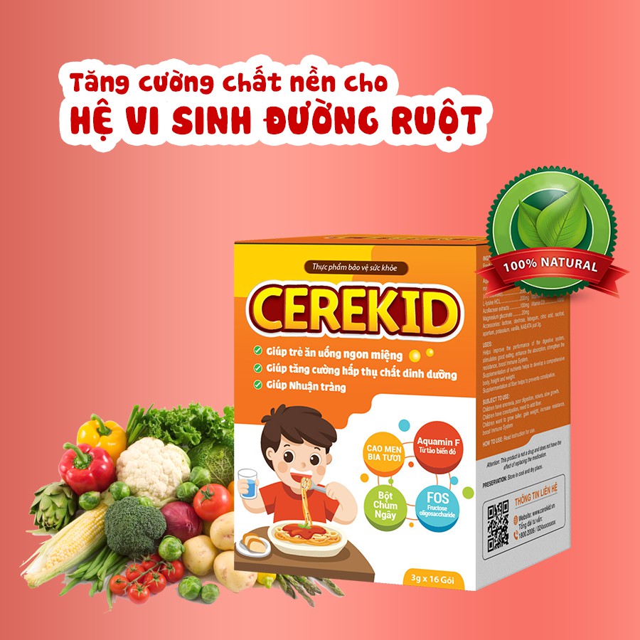 Cerekid. Cốm ăn ngon cho bé, cải thiện tình trạng trẻ biếng ăn, táo bón, tiêu hóa tốt ( Hộp 16 gói )