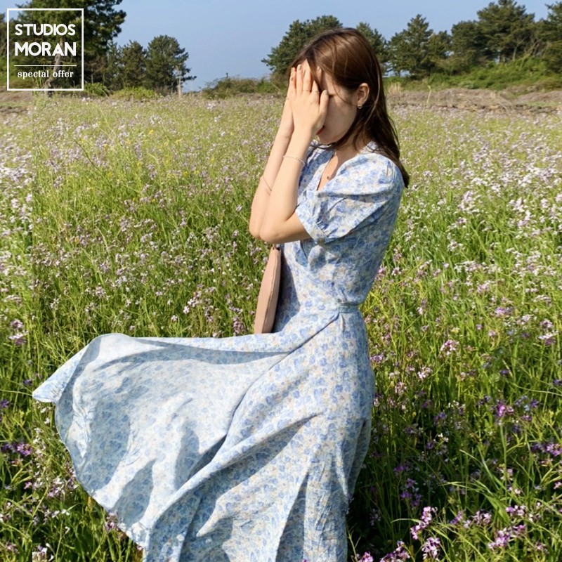 Váy MORAN hoa nhí cộc tay cổ V thắt eo chéo tà điệu đà vintage nhẹ nhàng Hàn Quốc