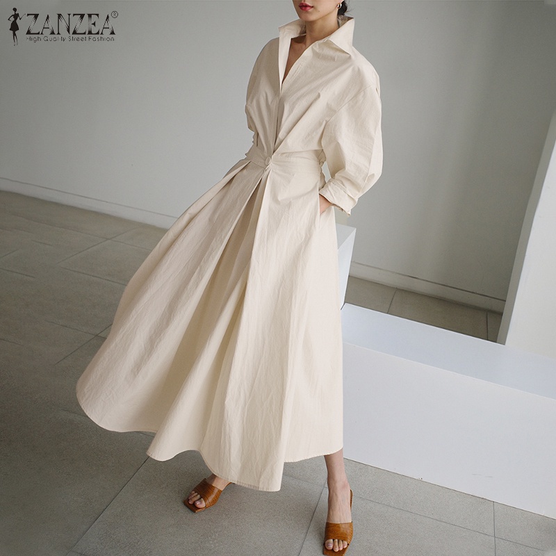Đầm Maxi ZANZEA Eo Cao Màu Trơn Cổ Bẻ Tay Dài Cho Nữ