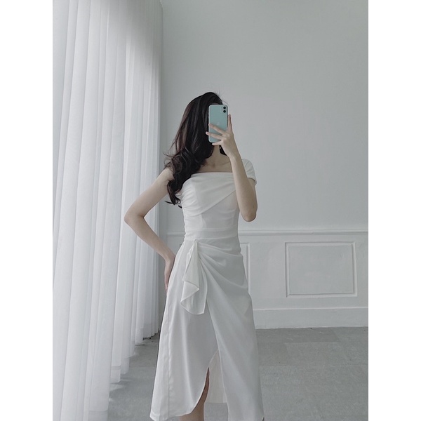 Đầm Thiết Kế Lệch Vai Phi Lụa Có Đủ Size