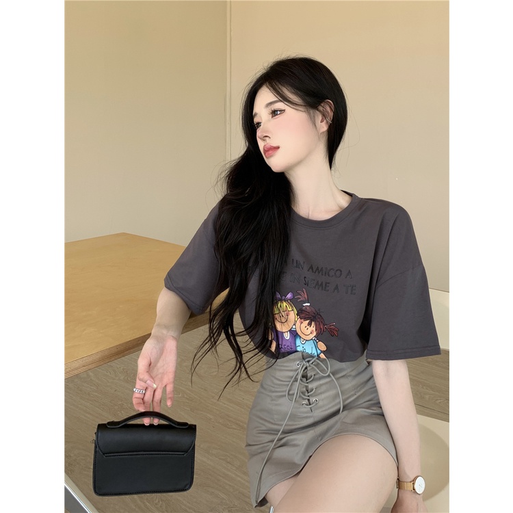 Set Áo Thun Ngắn Tay Cổ Tròn In Họa Tiết Và Chân Váy Lưng Cao Thời Trang Mùa Hè Phong Cách Hàn Quốc Cho Nữ