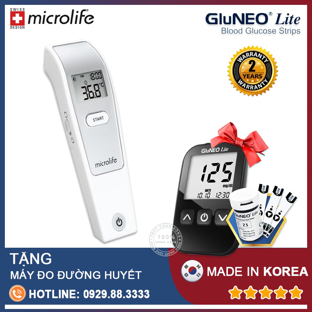 Nhiệt kế điện tử đo trán Microlife FR1MF1 + Tặng máy đo đường huyết Gluneo Lite Hàn Quốc