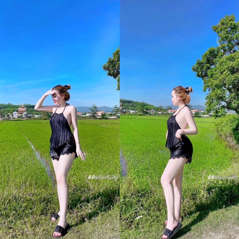 [BIGSIZE 70Kg] Đồ Ngủ bigsize sexy - Yếm ngủ dập ly phi lụa -kèm quần ren gợi cảm