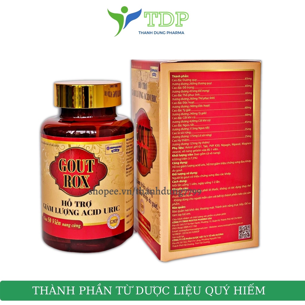 Viên uống GOUT ROX hỗ trợ giảm triệu chứng sưng đau khớp do gout, Acid Uric máu - chai 50 viên