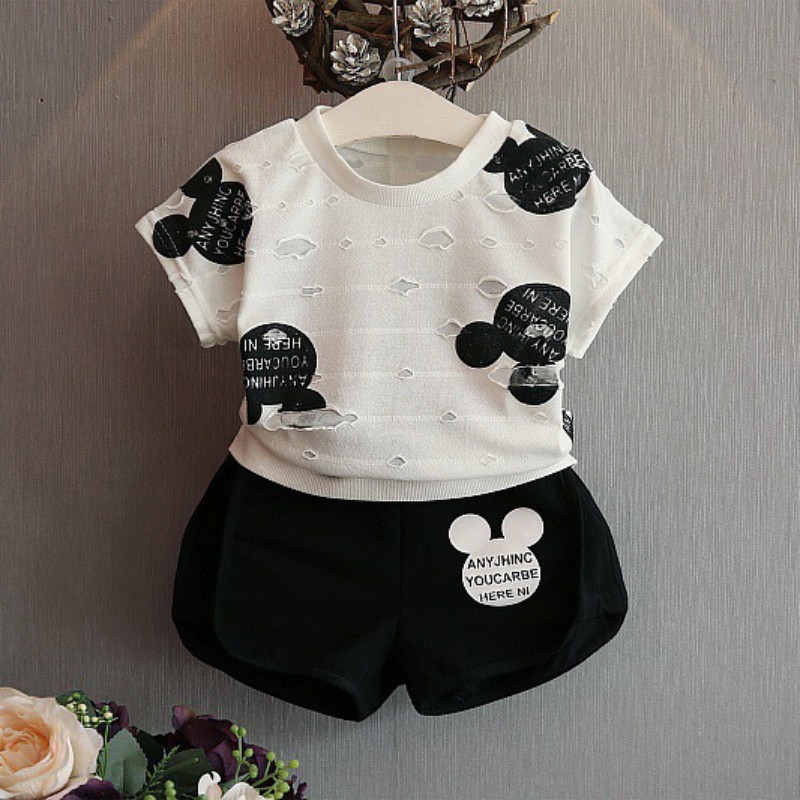 Set áo thun và quần họa tiết chuột mickey phong cách Hàn Quốc thời trang cho bé gái