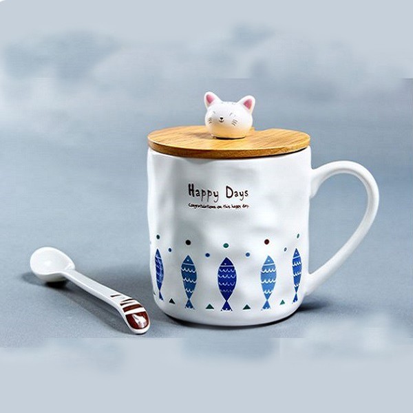 Cốc sứ hình mèo Happy Days có nắp đậy 400ml cao cấp