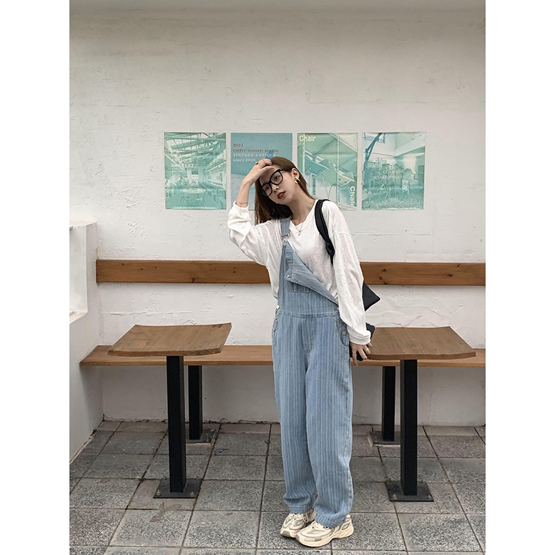 Yếm quần Denim 2 dây Cao cấp Retro Form rộng Ống rộng Cổ điển Ulzzang Hàn Quốc Yếm nữ Dáng suông Thời trang