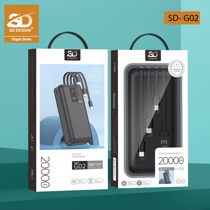 Sạc Dự Phòng G02 chính hãng SD DESIGN Pin 20.000 mAh có 4 Cáp Sạc Micro Lingtning TypeC chân sạc cho iphone samsung oppo