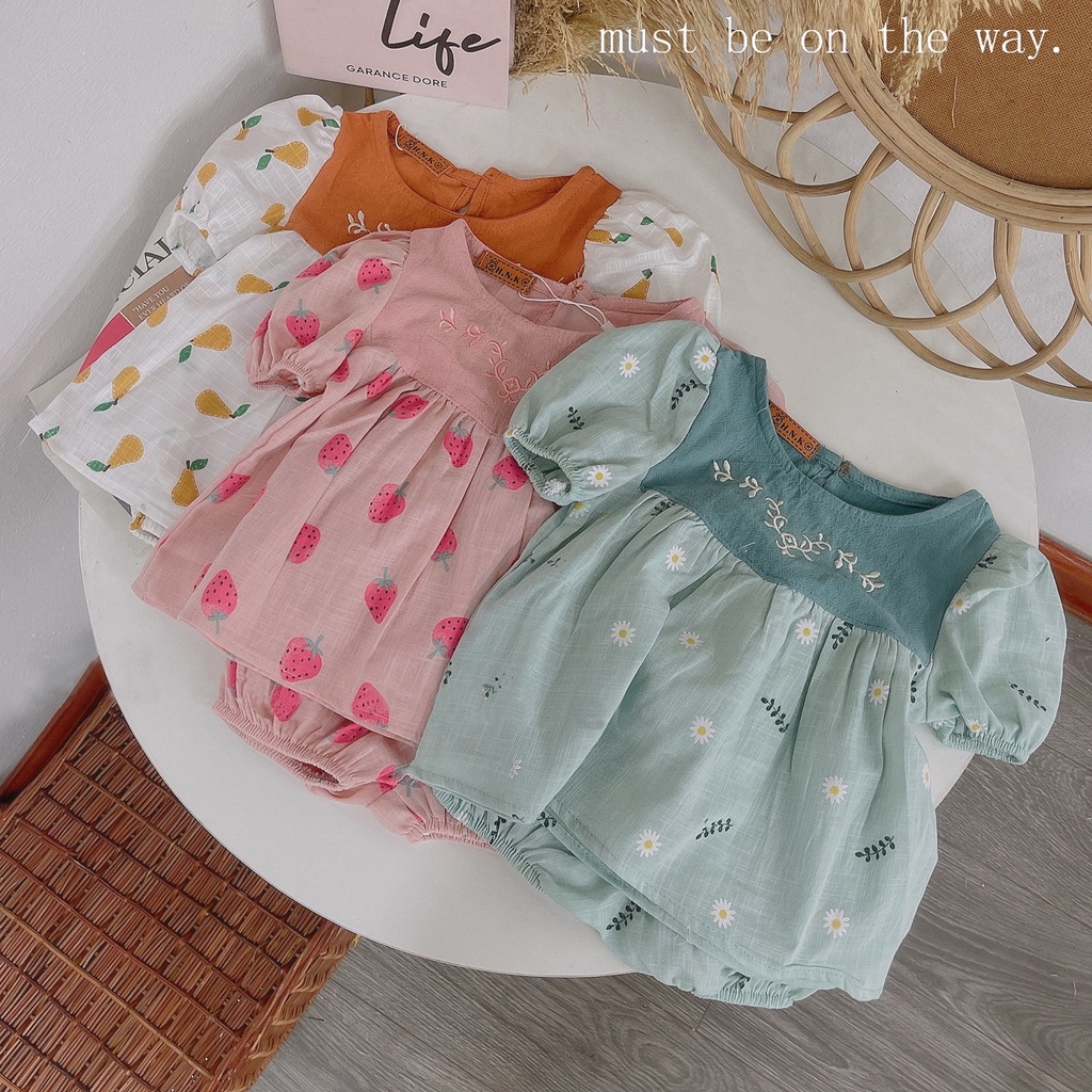 Set Bộ Đồ Sơ Sinh Bé Gái Baby Doll Chất Liệu Line Xước Tay Bồng Công Chúa Size 6-16kg - Babi mama HM02