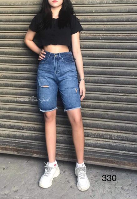 Quần ngố short jeans lửng rách bên xẻ màu đậm lưng cao form rộng kèm ảnh thật