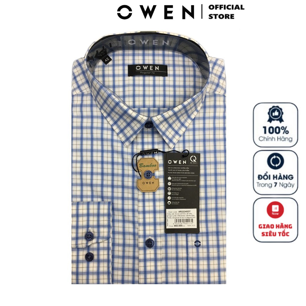 Áo Sơ Mi Nam Dài Tay Owen AR22245DT Somi Công Sở Cao Cấp Màu Trắng Caro Xanh Blue Chất Sợi Tre Mềm Mát Dáng Suông Có Túi