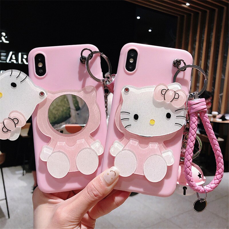 Ốp Điện Thoại Gắn Gương Hình Mèo Hello Kitty 3d + Dây Đeo Cho Iphone 12 Mini 11 Pro Xs Max X Xr 7 8 6 6s Plus Se Đứng