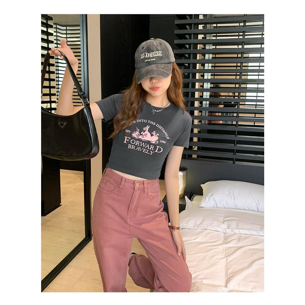 Áo Thun Cộc Tay Dáng Ôm Vừa Vặn In Họa Tiết 64151 Cho Nữ