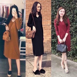 Đầm suông dài tay-Váy len cổ V basic dáng dài 3 màu chất len tăm