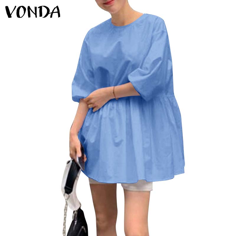 Đầm VONDA cổ tròn tay 3/4 màu trơn xếp ly thời trang màu hè Hàn Quốc dành cho nữ