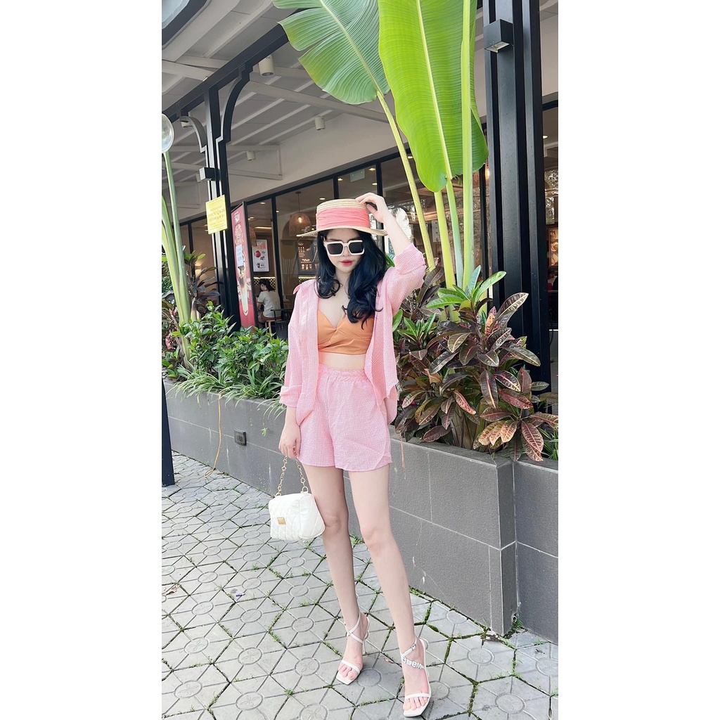 Set 3 món đi biển đũi xốp kẻ thụng áo sơ mi kèm bra mix quần short