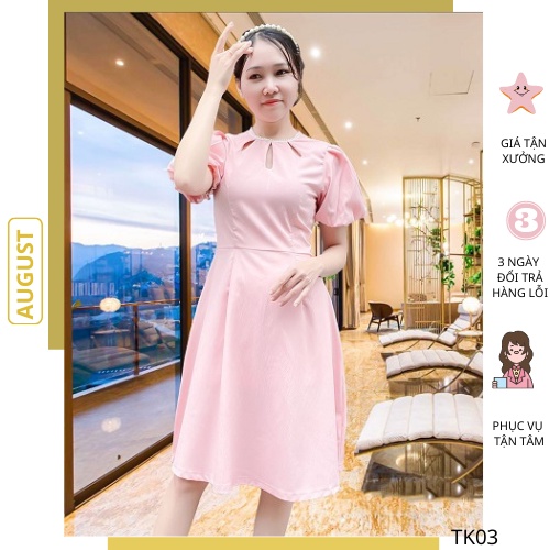 Đầm nữ dáng xòe cổ giọt nước tay phồng vải xốp thun phù hợp mặc đi làm, đi chơi
