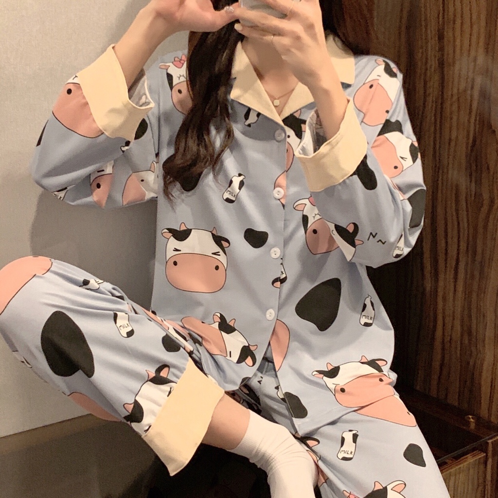 Bộ đồ ngủ cotton tay dài thời trang Hàn Quốc cho nữ