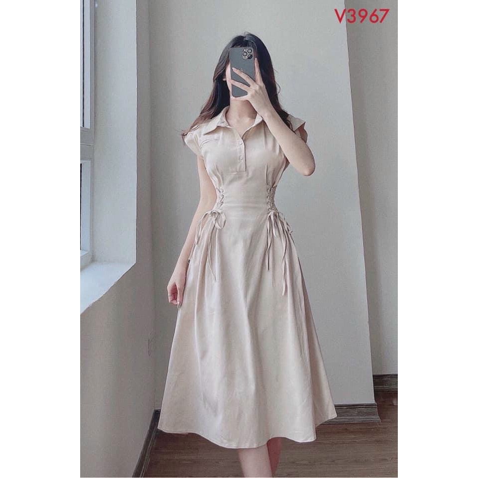 Đầm váy nữ cổ kiểu sơ mi tay ngắn eo đan dây from xòe dáng dài màu sắc nhã nhặn thời trang nữ cho nàng đi làm, dạo phố