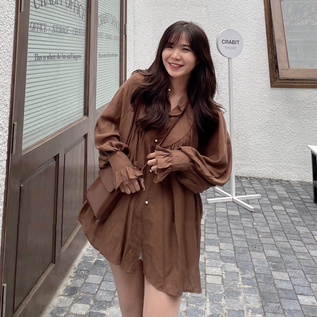 Áo sơ mi kiểu nữ Ulzzang, Áo sơ mi tay bèo phối khuy dáng rộng tiểu thư xinh xắn | BigBuy360 - bigbuy360.vn