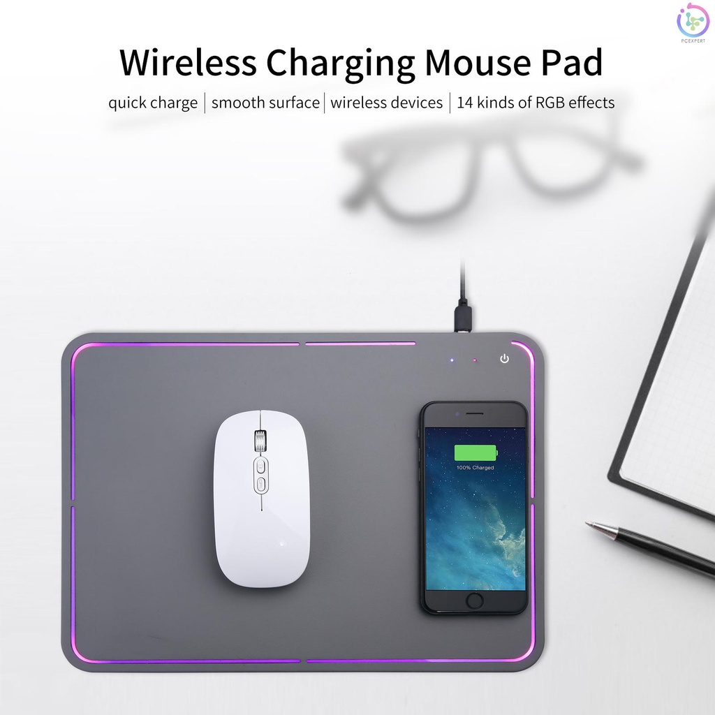 10W Wireless Charging Luminous Mouse Pad 2 in 1 Multifunctional Colorful RGB Quick Charge Non-slip Phone Charge Board Black