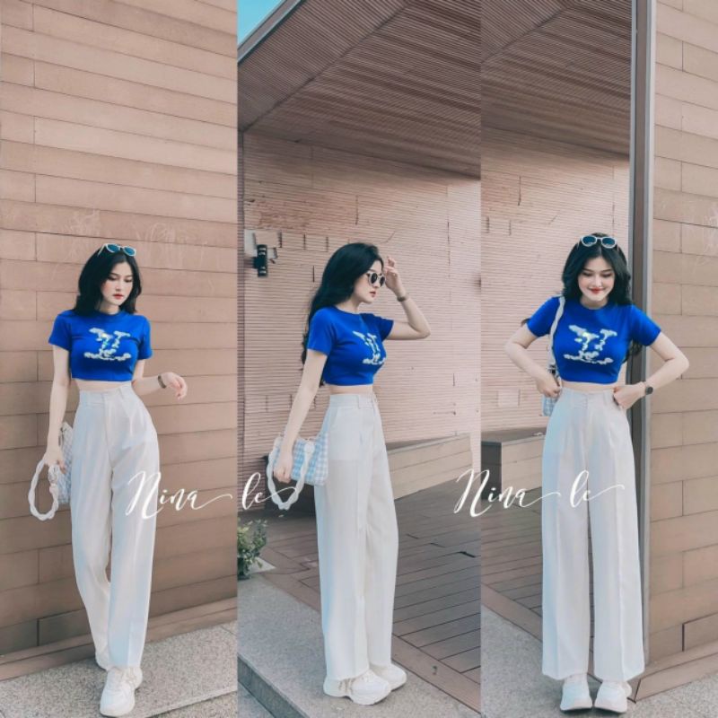 Set Áo Croptop Tay Ngắn Cổ Tròn Basic Màu Xanh Dương In VL Và Quần Tây Ống Suông Rộng Màu Trắng - Trẻ Trung Cute