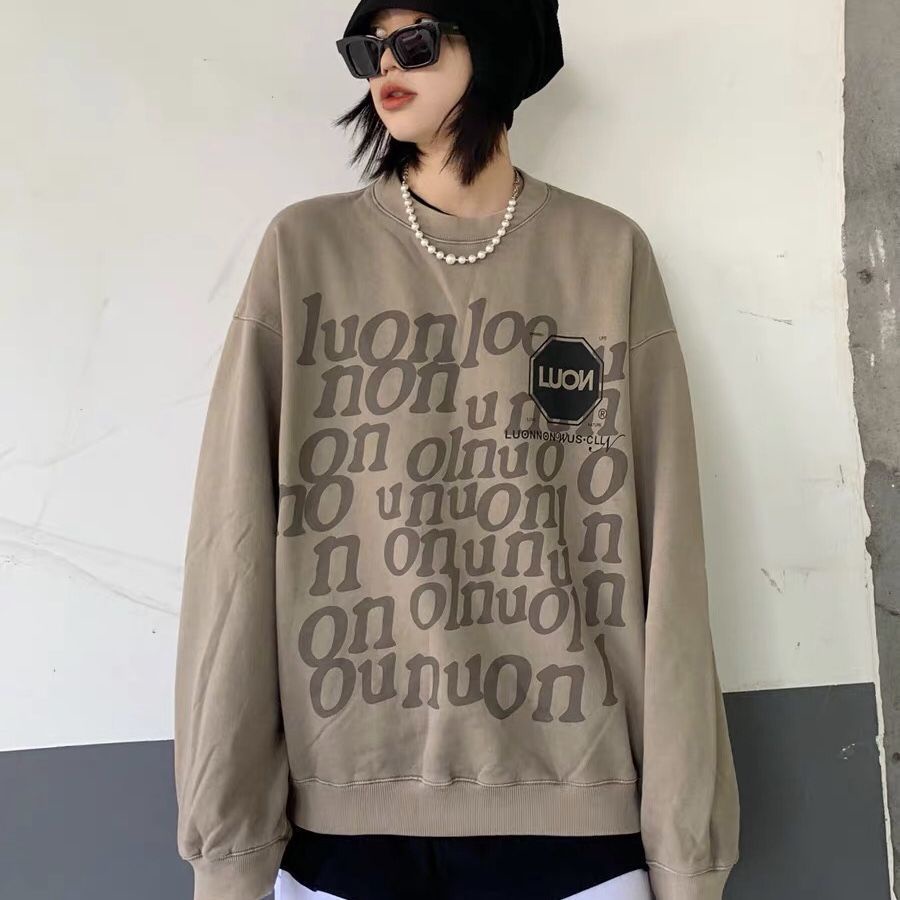 COZOK Áo sweater tay dài hoạ tiết chữ thiết kế trễ vai phong cách Vintage