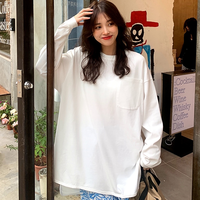 Áo nỉ tay dài cổ tròn dáng rộng màu sắc đơn giản dễ phối đồ