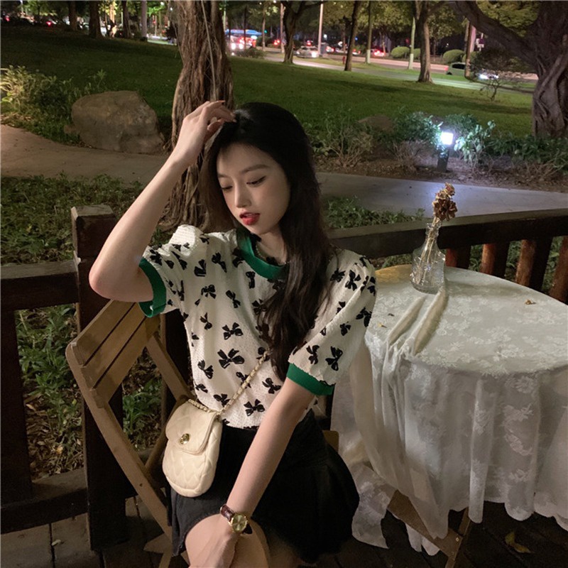 Áo thun ZHELIHANGFEI tay phồng ngắn dáng rộng in hình nơ thời trang hè mới 2022 cho nữ